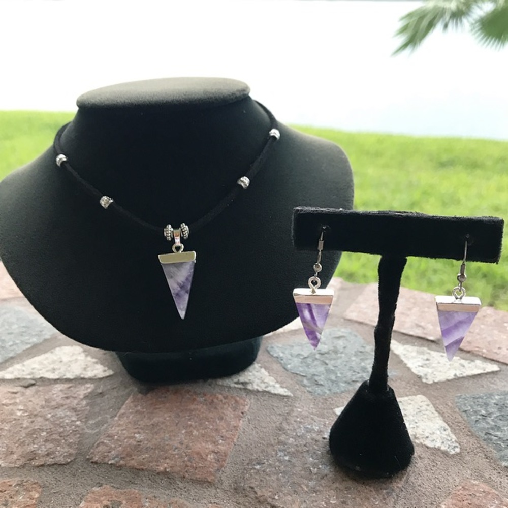 Amethyst triangle set choker necklace + earrings - Picture 2 of 8